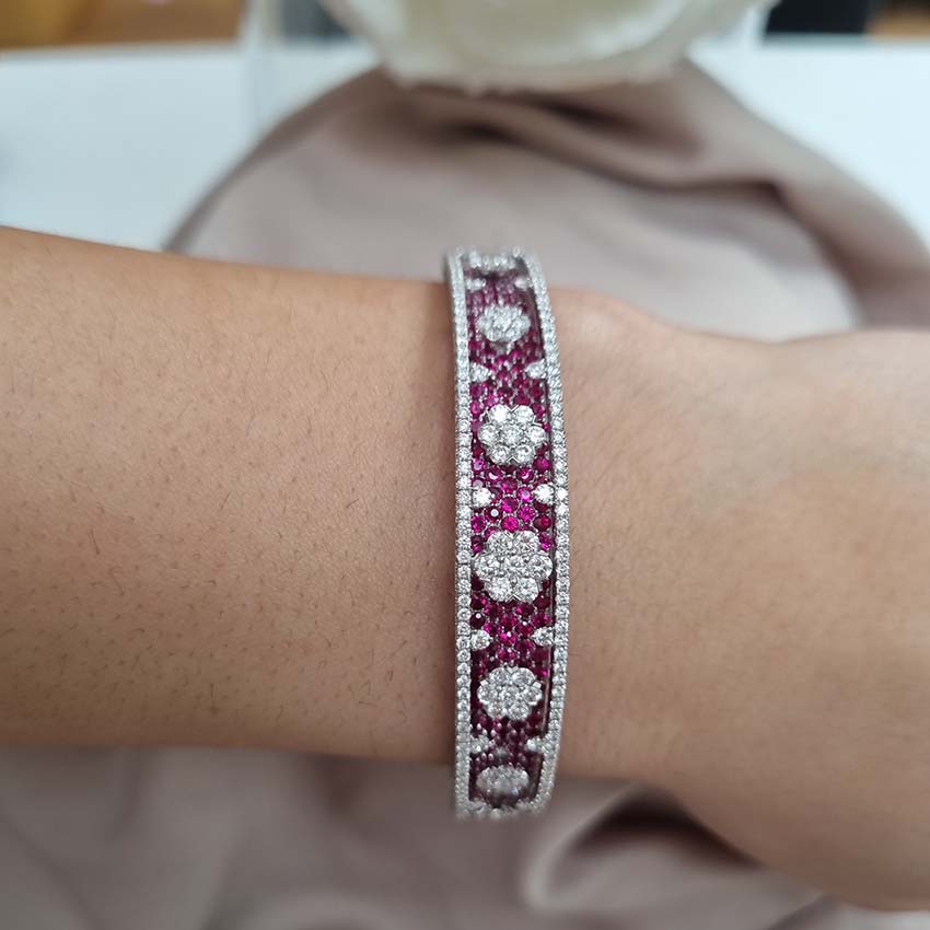 2ct Ruby and 3ct Diamond Cluster Bangle Bracelet