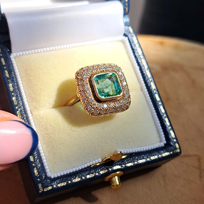Natural Colombian Emerald and Diamond Cluster Dress Ring