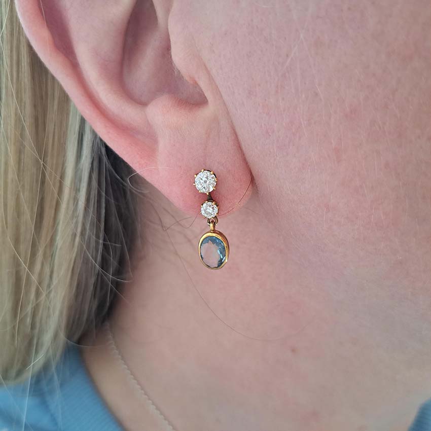 Vintage Aquamarine and Old Cut Diamond Drop Earrings