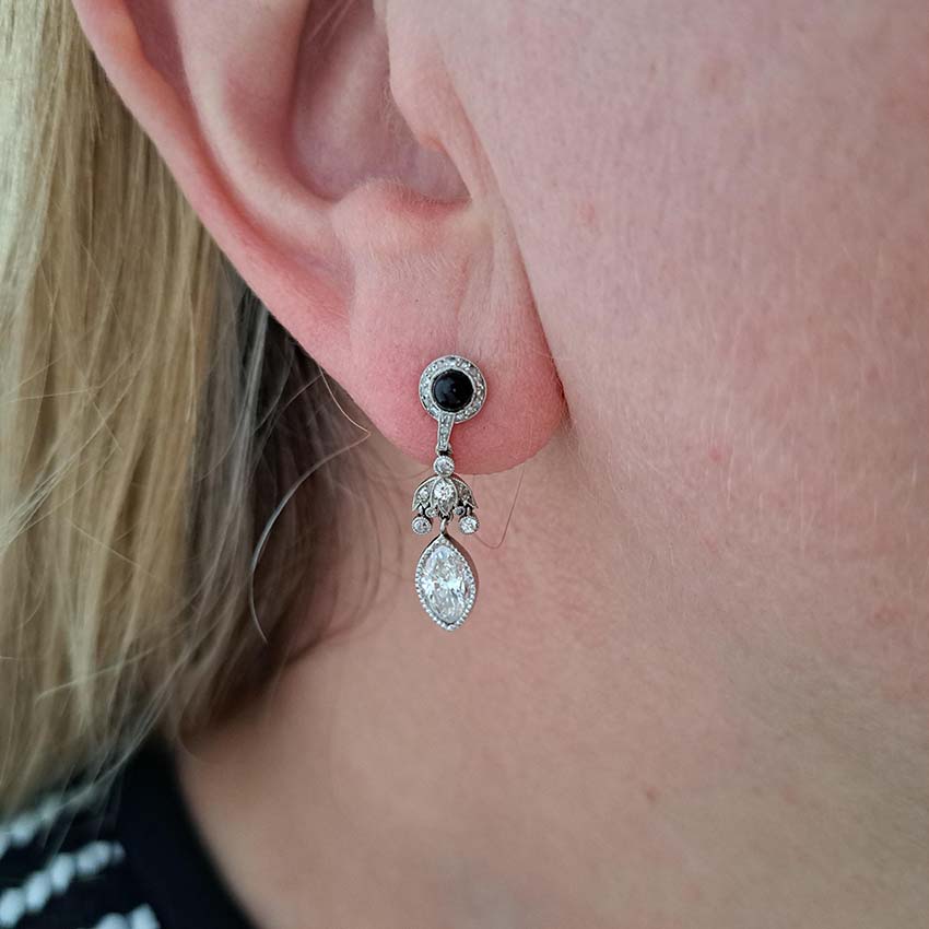 Art Deco Marquise Diamond Cabochon Sapphire Drop Earrings