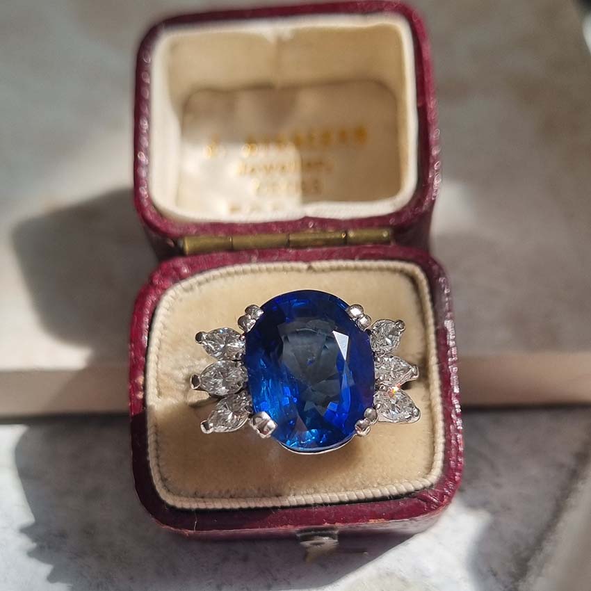 Vintage French Certified 9.13ct Oval Natural No Heat Ceylon Sapphire and Marquise Diamond Engagement Ring in Platinum