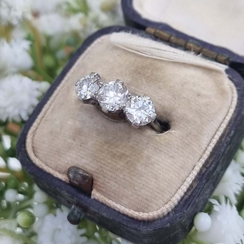 Art Deco 1.95ct Old Cut Diamond Three Stone Engagement Ring