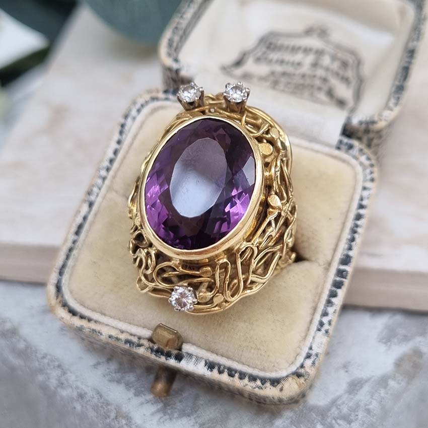 Vintage Amethyst and Diamond Parure Ring Earrings Pendant Suite