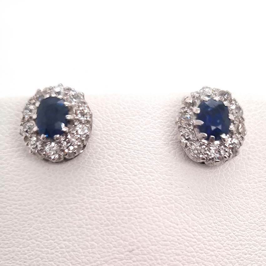 Vintage 1ct Sapphire and 0.60ct Old Cut Diamond Cluster Stud Earrings in 18ct white gold. Circa 1940s