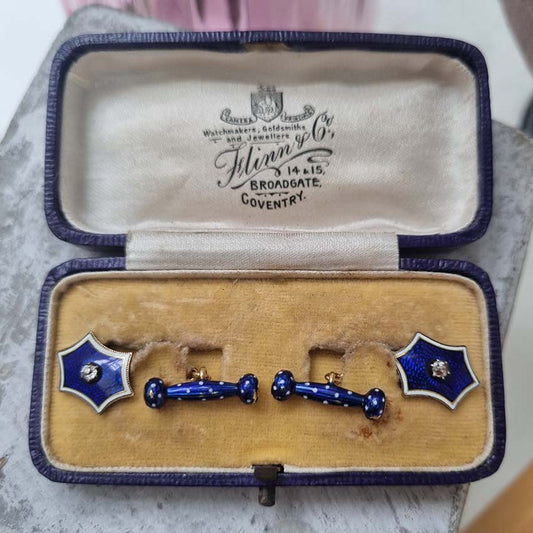 Edwardian Antique Blue Enamel and Diamond Cufflinks