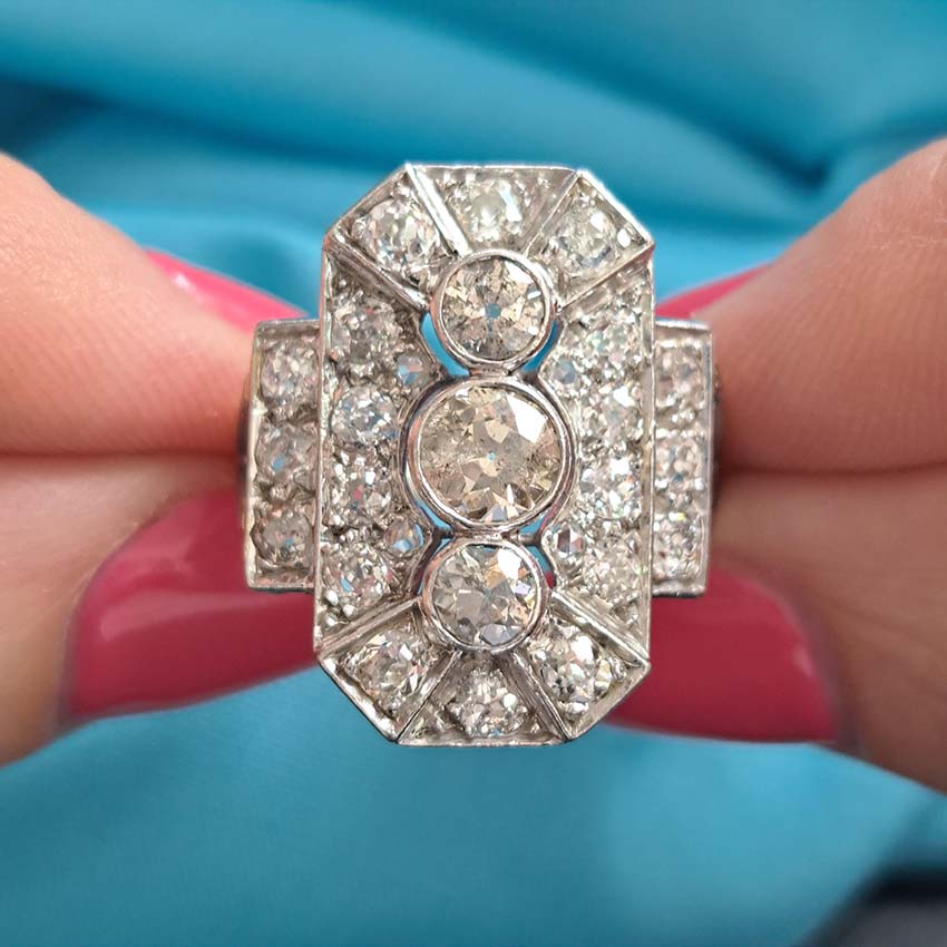 Art Deco Three Stone Diamond Cluster Panel Ring