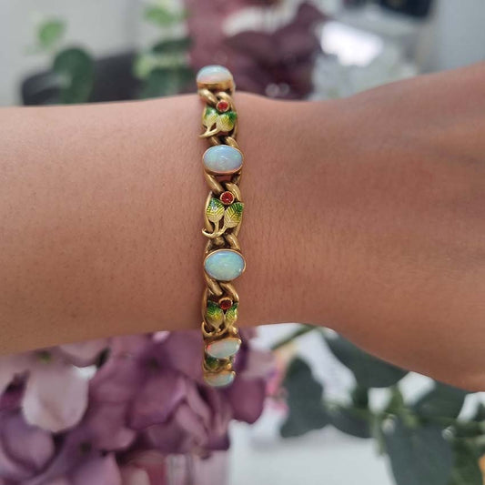 Antique Art Nouveau Opal Enamel and Gold Link Bracelet