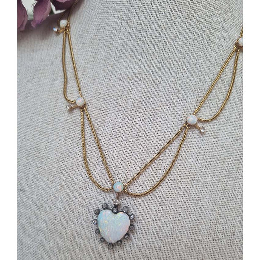 Antique Victorian Opal Heart Diamond Gold Swag Necklace