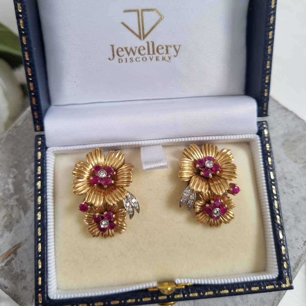 Ruby and Diamond Floral Clip-On Earrings in 18ct Gold
