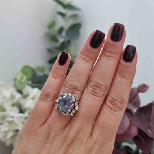 Vintage Black Opal and Diamond Cluster Ring in Platinum