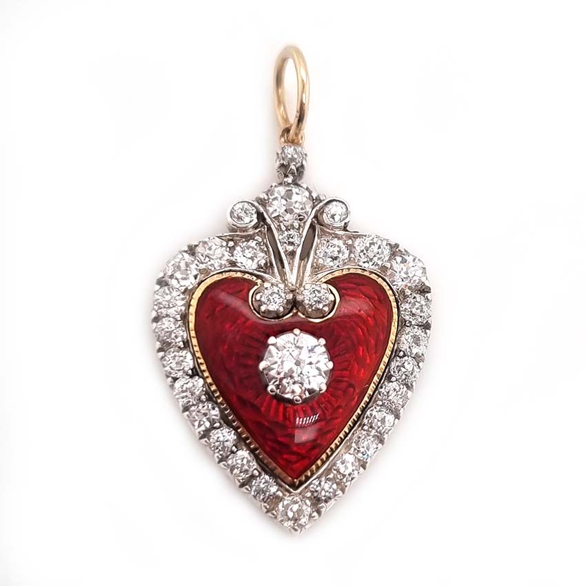 Victorian Antique Red Enamel and Diamond Heart Pendant