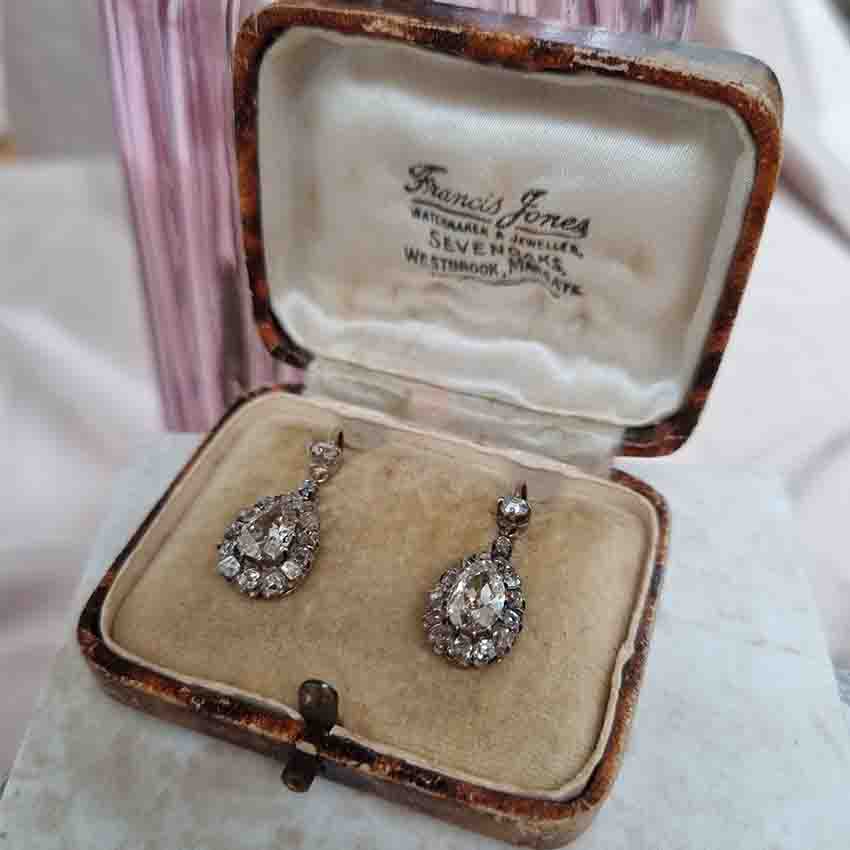 Antique Old Cut Pear Diamond Cluster Drop Earrings, 3.50 carats