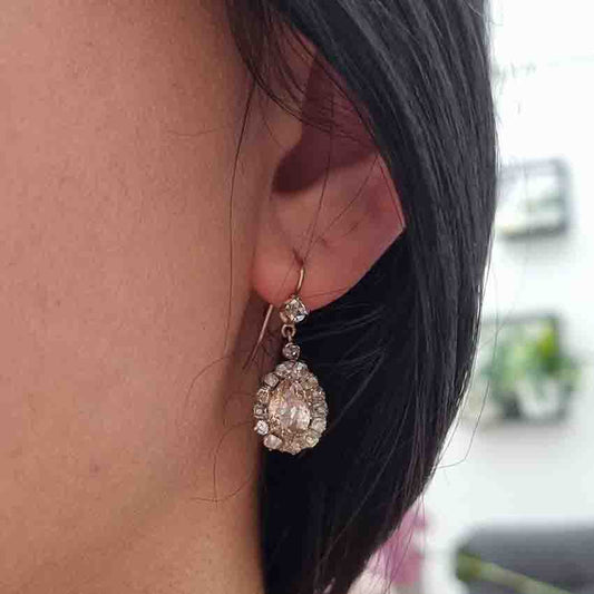Antique Old Cut Pear Diamond Cluster Drop Earrings, 3.50 carats
