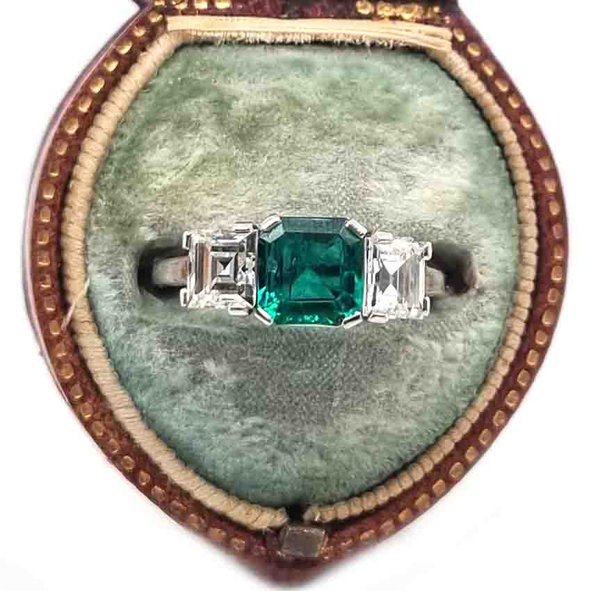 Art Deco Colombian Emerald and Diamond Trilogy Engagement Ring