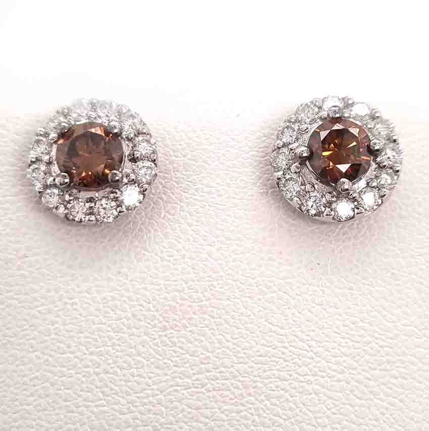 Vintage Cognac and White Diamond Cluster Stud Earrings