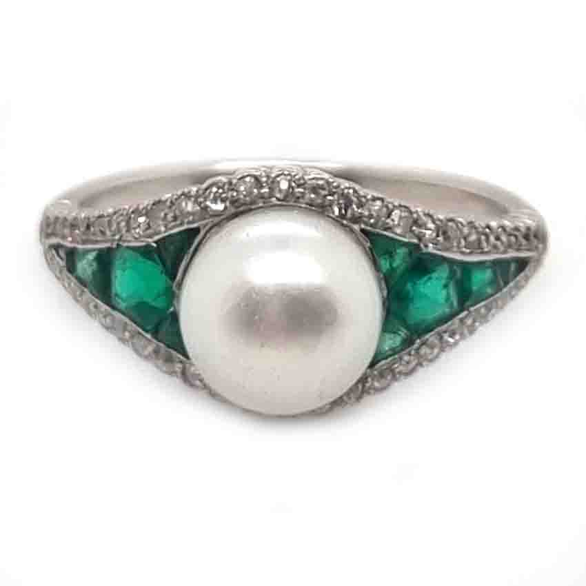 Art Deco Natural Pearl Emerald Diamond Cluster Ring