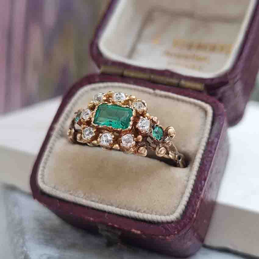 Victorian Emerald And Old Cut Diamond Cluster Ring In 18 Carat Gold