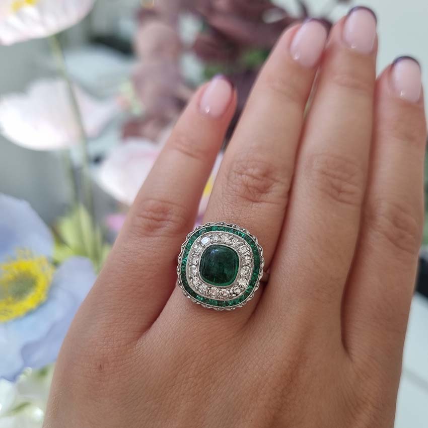 Antique Art Deco Cabochon Emerald and Diamond Target Ring