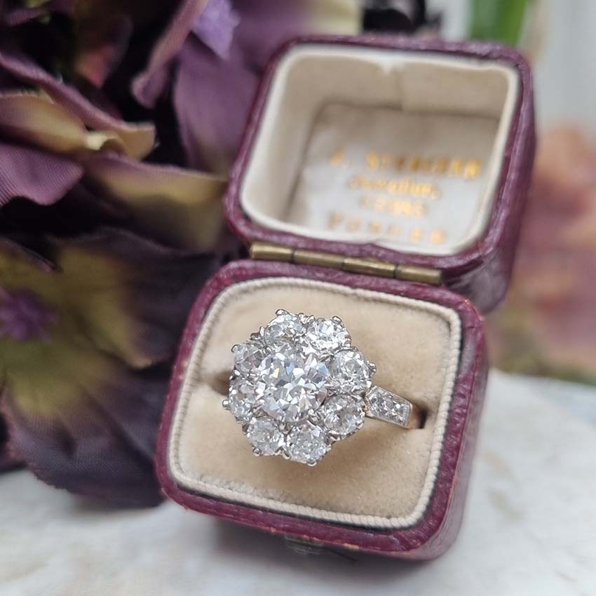 Antique Old Cut Diamond Cluster Engagement Ring, 2.79 carat total