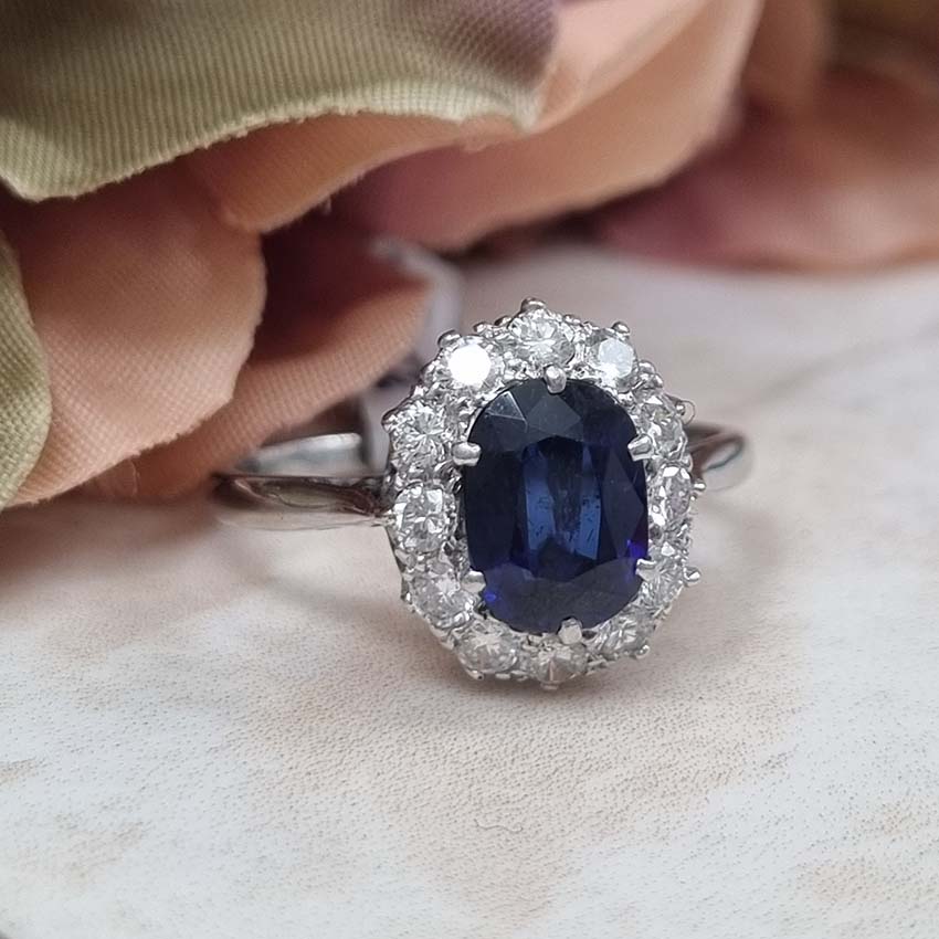Vintage 1.50ct Sapphire and Diamond Cluster Engagement Ring, Circa 1940s