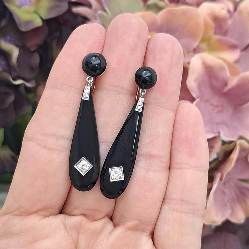 Art Deco Old Cut Diamond and Onyx Drop Earrings