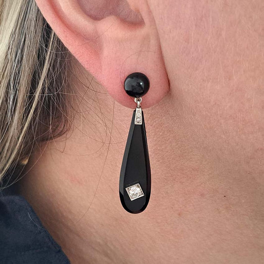 Art Deco Old Cut Diamond and Onyx Drop Earrings