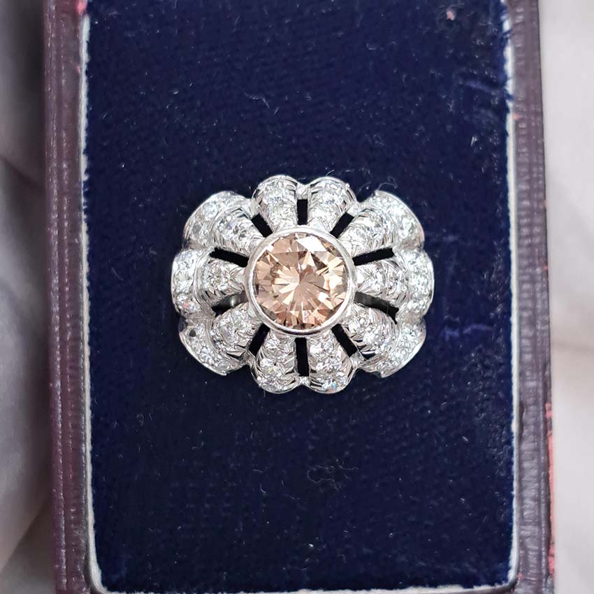 Vintage 1950s Cognac Diamond and White Diamond Bombe Cluster Ring