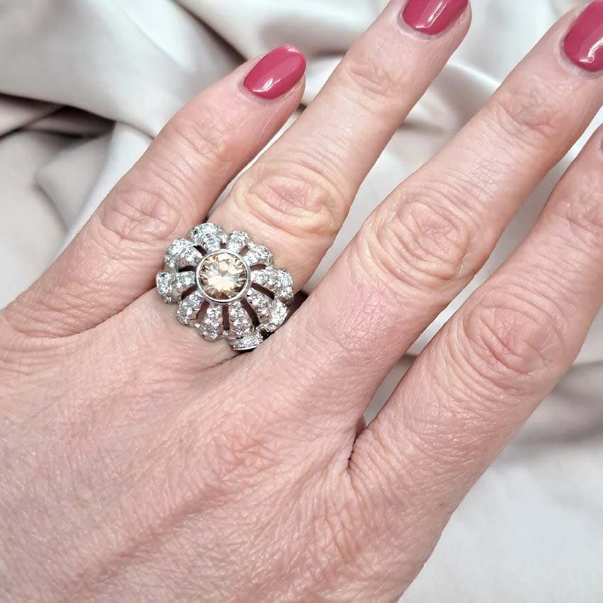 Vintage 1950s Cognac Diamond and White Diamond Bombe Cluster Ring