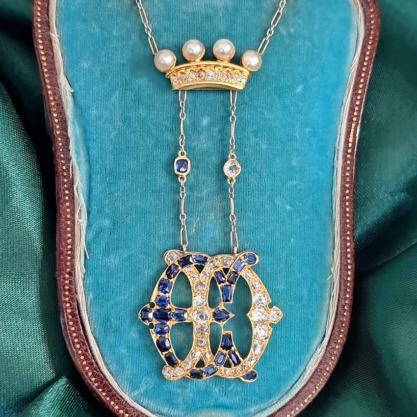 Edwardian Antique Marchioness Sapphire and Diamond Wedding Pendant Necklace