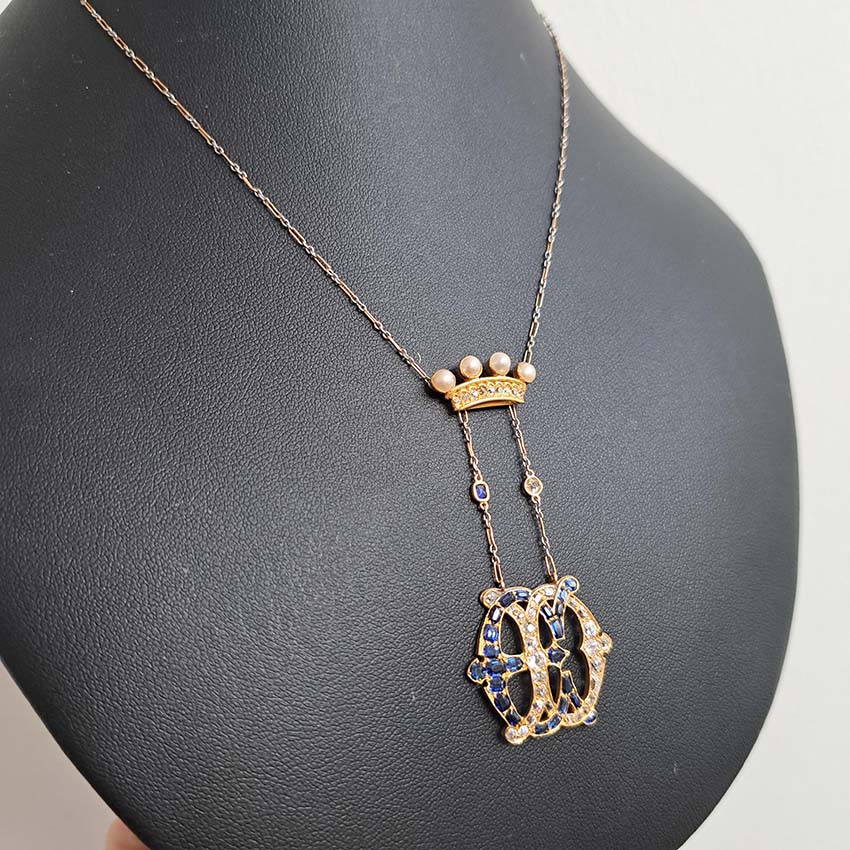 Edwardian Antique Marchioness Sapphire and Diamond Wedding Pendant Necklace