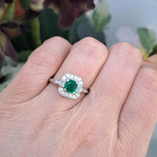 Art Deco 0.50ct Colombian Emerald and Diamond Cluster Engagement Ring