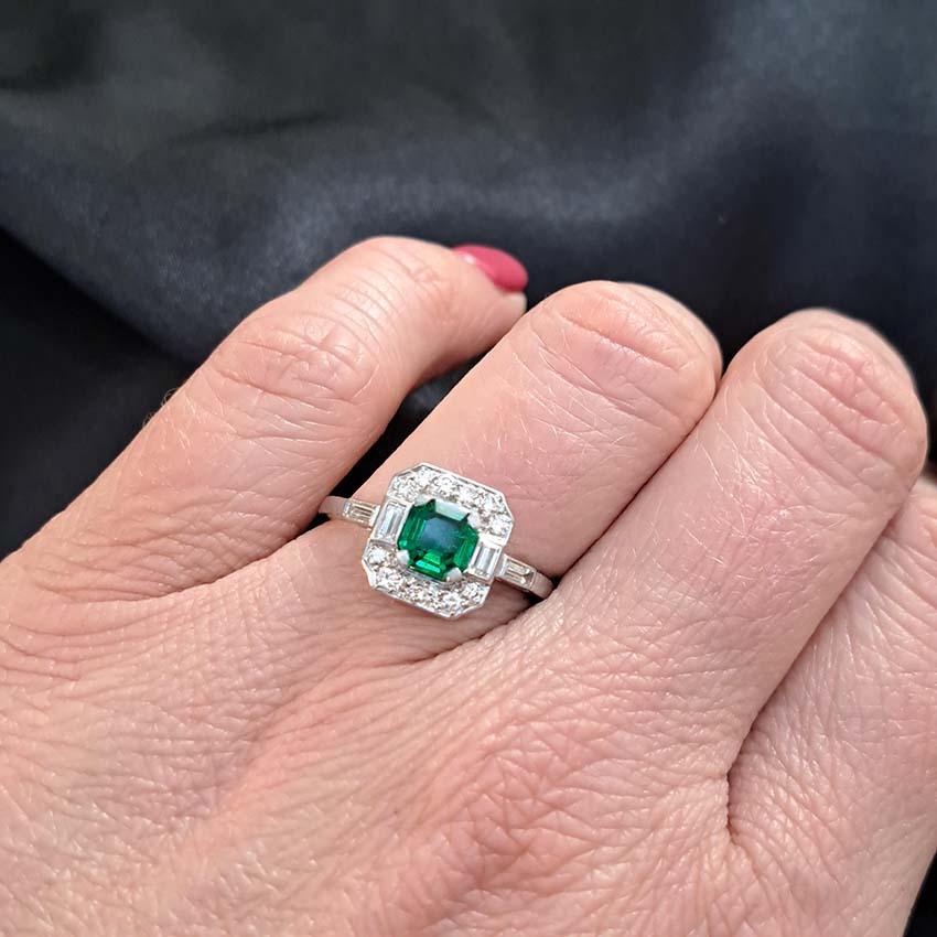 Art Deco 0.50ct Colombian Emerald and Diamond Cluster Engagement Ring