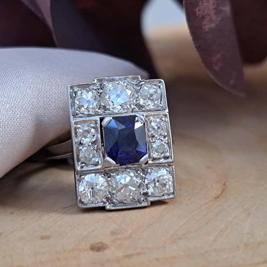 Art Deco French Sapphire and Old Cut Diamond Cluster Panel Ring