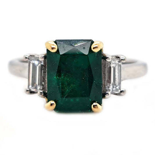 2.12ct Emerald Cut Emerald and Baguette Diamond Trilogy Ring