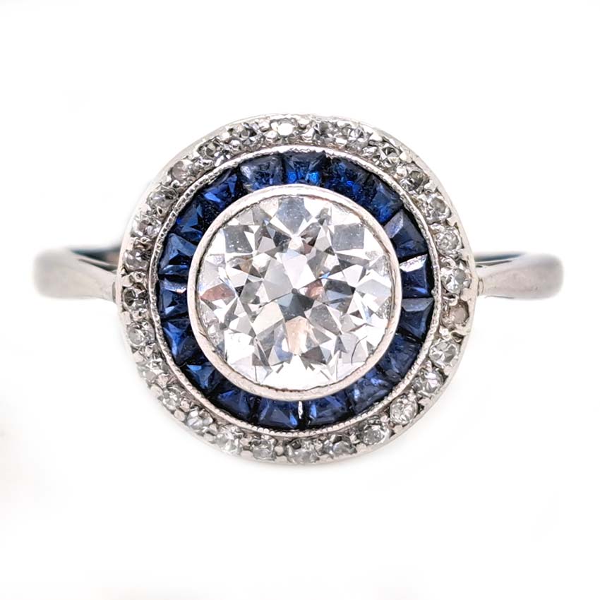 Art Deco 1.25ct Old Cut Diamond and Sapphire Target Cluster Engagement Ring