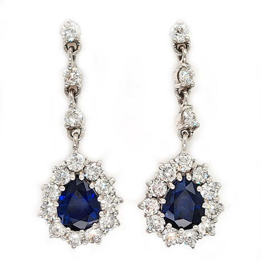 Vintage Pear Cut Royal Blue Sapphire and Diamond Cluster Drop Earrings