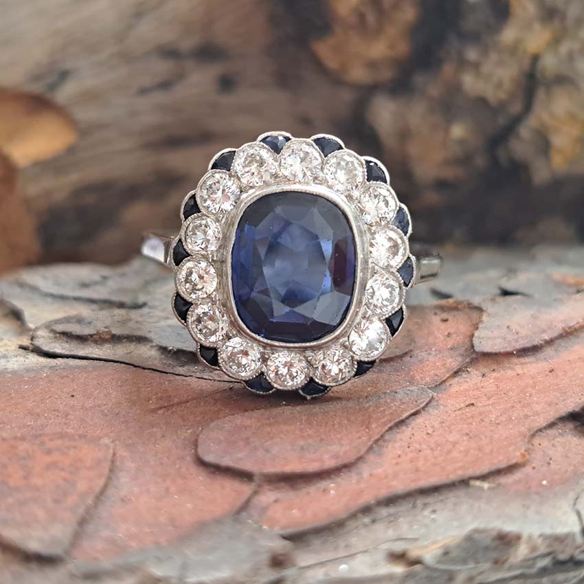 Vintage 2ct Sapphire and Diamond Cluster Ring, Circa 1940s