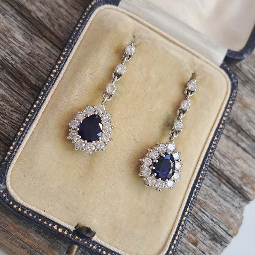 Vintage Pear Cut Royal Blue Sapphire and Diamond Cluster Drop Earrings