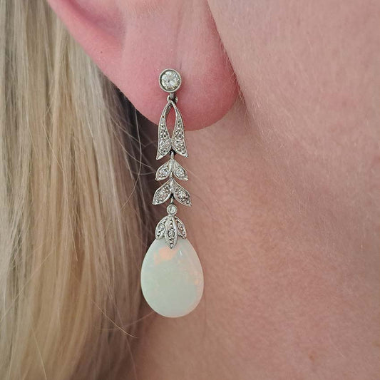 Edwardian Antique Opal and Diamond Drop Earrings