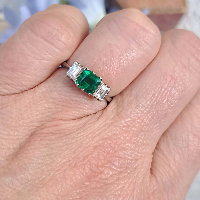 Art Deco Emerald and Baguette Diamond Trilogy Engagement Ring