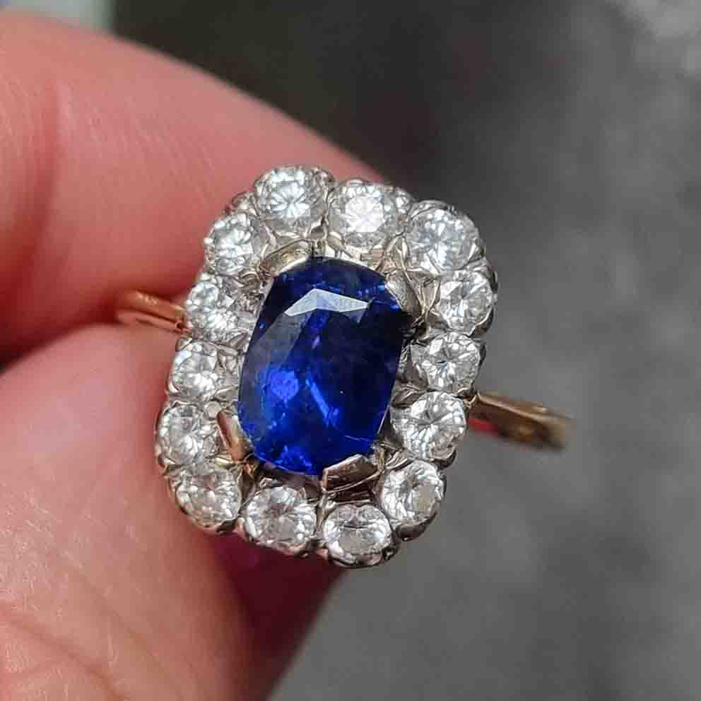 Vintage Royal Blue Sapphire and Diamond Cluster Engagement Ring