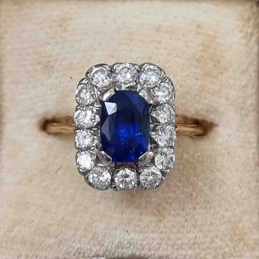 Vintage Royal Blue Sapphire and Diamond Cluster Engagement Ring