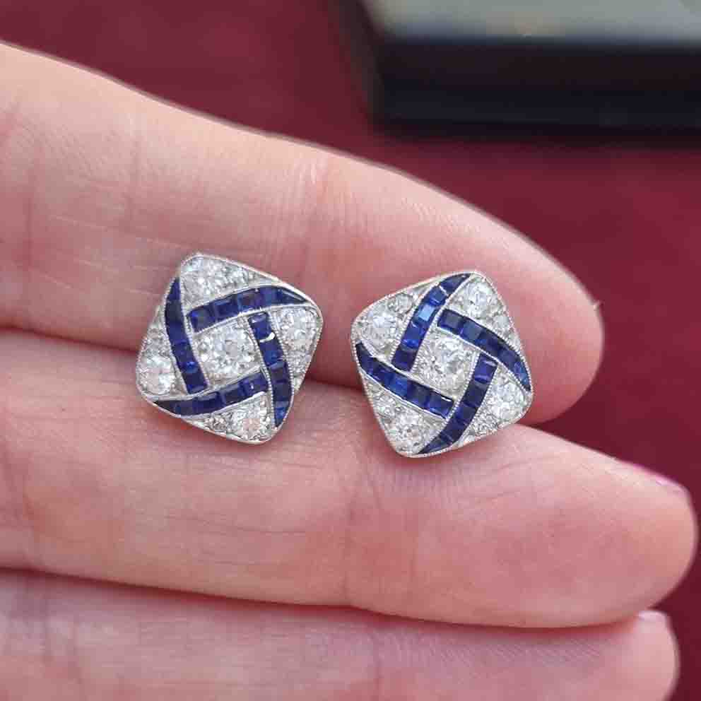 Vintage Art Deco Sapphire and Diamond Square Cluster Earrings