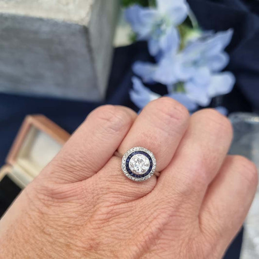 Art Deco 1.25ct Old Cut Diamond and Sapphire Target Cluster Engagement Ring