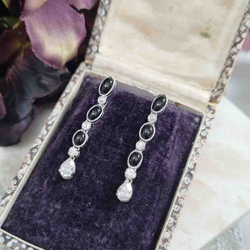 Vintage Black Onyx and Diamond Drop Earrings in Platinum