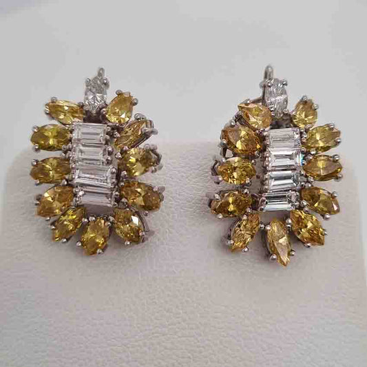 Vintage Yellow and White Diamond Cluster Clip Earrings