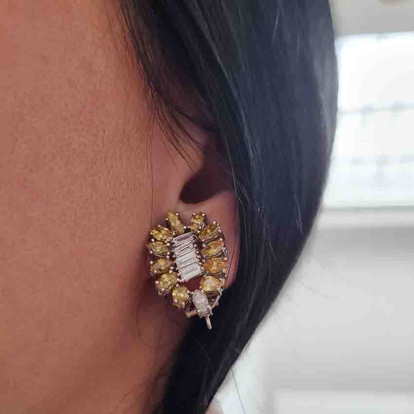 Vintage Yellow and White Diamond Cluster Clip Earrings