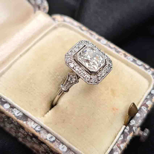 Vintage 1ct Cushion Shape Old Mine Cut Diamond Cluster Engagement Ring in Platinum