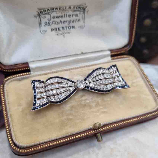 Art Deco Sapphire and Diamond Bow Brooch in 18ct Gold