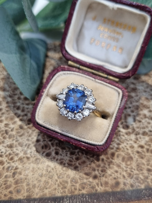 Vintage No Heat Ceylon Sapphire and Diamond Cluster Enagegement Ring